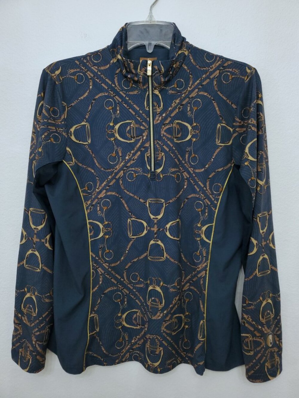 Arista Equestrian Brio-Tek Quarter Zip Sun Shirt Navy Bridle Bit Print Sz Large